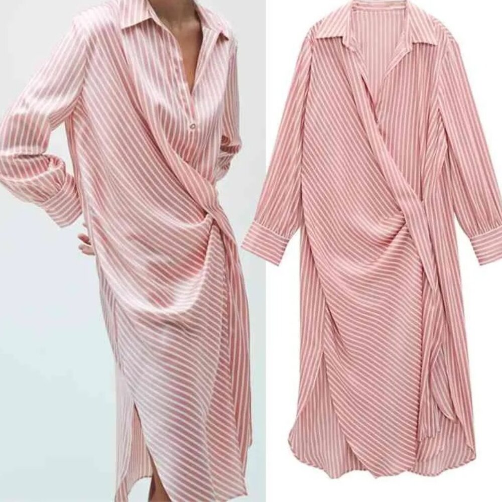 Zara Satin Striped Gathered Origami Long Sleeve Midi Shirt Dress Large
